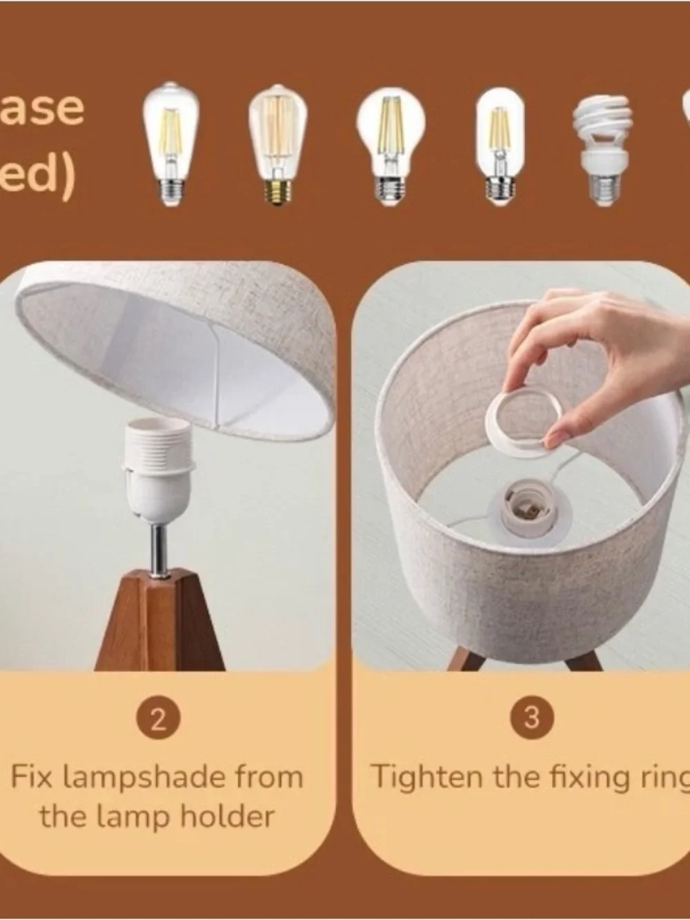 EDISHINE Wood Tripod Small Table Lamp Linen Beige Lampshade, Nightstand Lamp